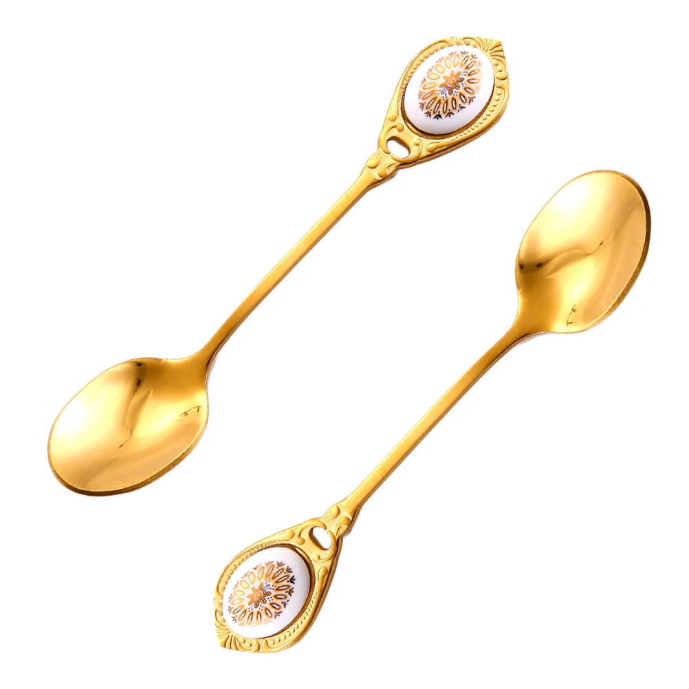 

2Pcs Retro Stainless Steel Coffee Spoons Long Handle Ceramic Decor Stirring Spoon Dessert Spoon for Cafe Bar Milk Tea