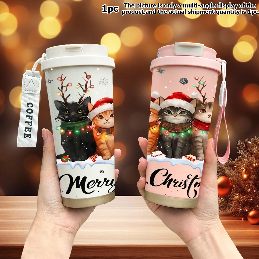 1pc 18oz stainless steel thermos bottle with straw, leak-proof cover and wrist strap. Christmas kitten design.