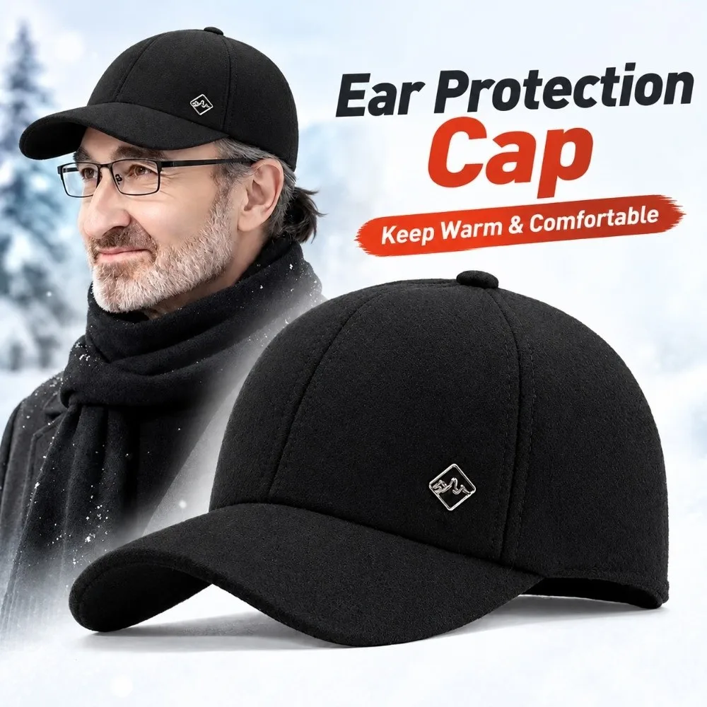 Fleece Lined Men Winter Cap Wind Proof Thickened Baseball Cap Peak Brim Ear Protection Ear Flap Hat Middle Aged Elder