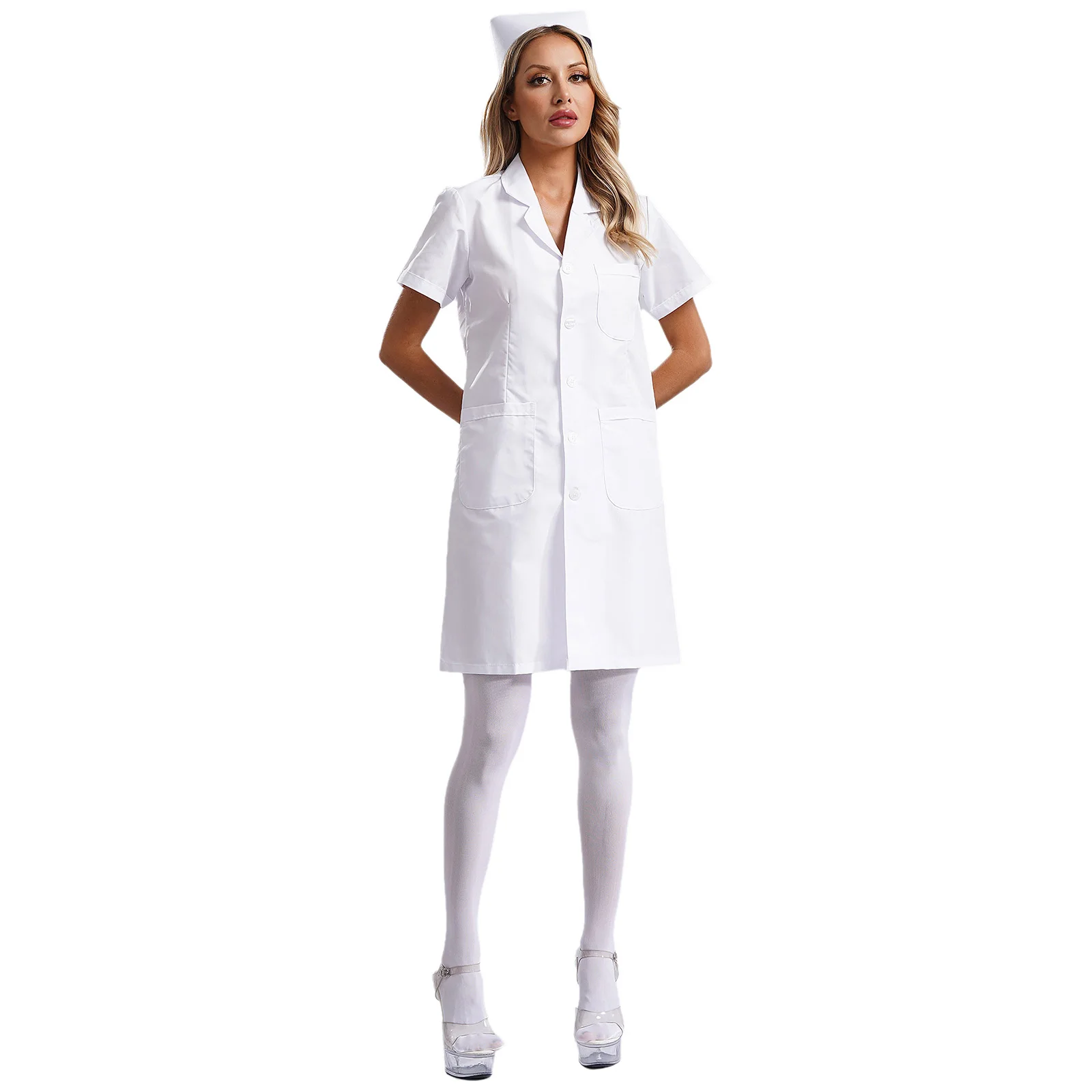 Women Purity White Nurse Doctor Hospital Working Outfit Dress Costume Short Sleeve Dress with Pantyhose Stockings And Hat Set