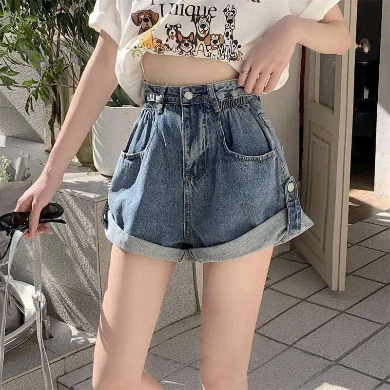 

Женские джинсовые шорты с высокой талией, тонкий дизайн, закрывающий живот, маленькие широкие брюки трапециевидной формы