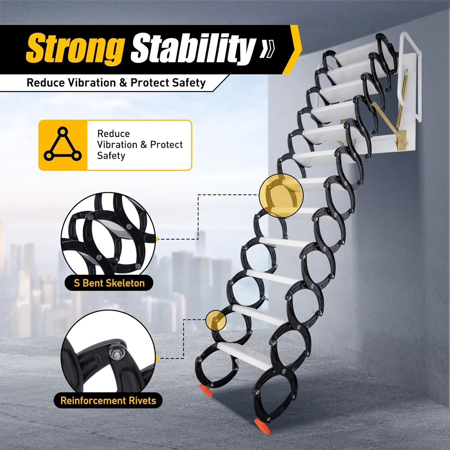 12 Steps Folding Attic Ladder, Wall Mounted Attic Loft Ladder 9.5-10.17Ft Retractable Collapsible Ladder Attic Ladder Pull Down