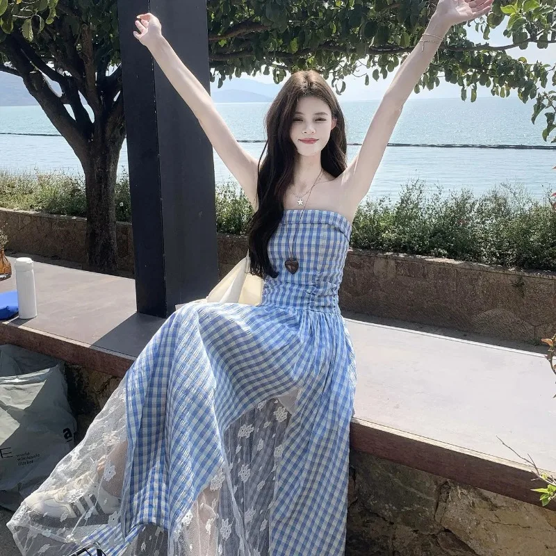 Women's Red Gingham Strapless Maxi Dress Tulle Panel Ruffled Hem Slim Fit Elegant Party Formal Dress