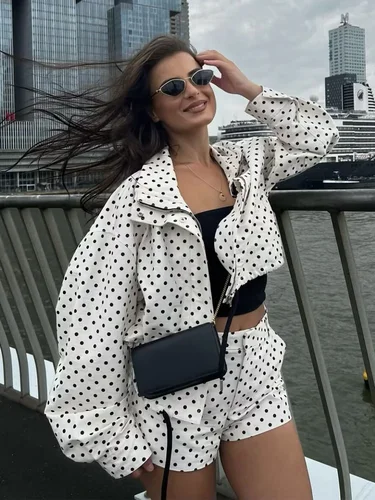 HH Chaqueta estampada de lunares a la moda para mujer, manga larga, cuello alto, cremallera con bolsillos, abrigos informales sueltos de otoño con cordón