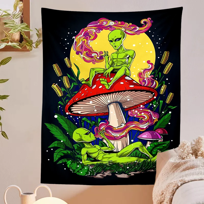 Alien Tapestry Cartoon Illustration hippie Art Mushroom eye Wall Hanging black Tapestries for Living Room Home Dorm Decor Cloth