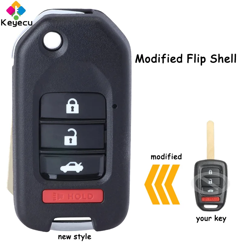 KEYECU Modified Flip Remote Control Car Key Shell Case Cover With 4 Buttons Fob for Honda Civic CR-V Accord HR-V LX 2013-2019