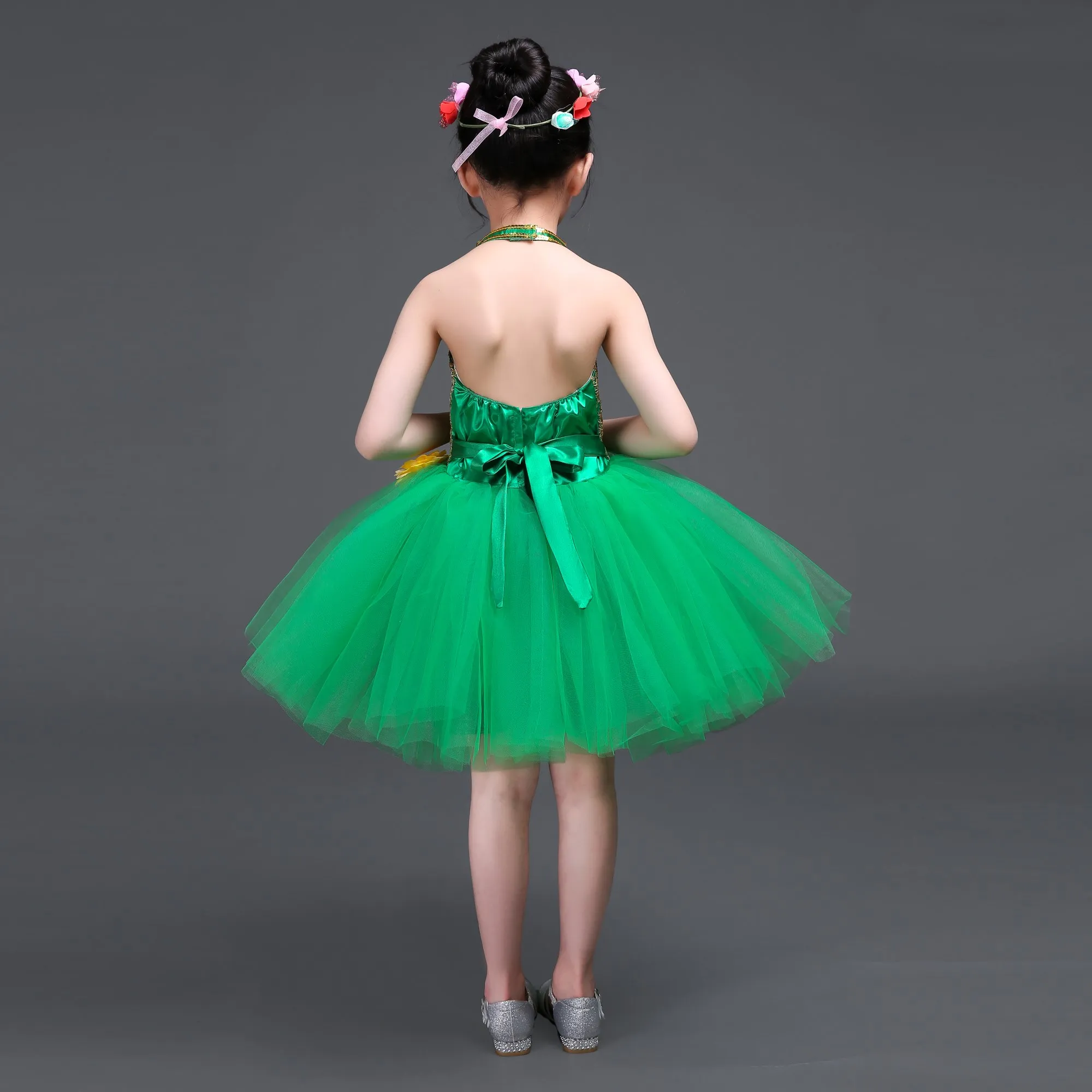 Children Sequin Green Princess Dress Girls Cute Flowers Modern Dance Dress Performance Clothes Kids Jazz Dance Costume