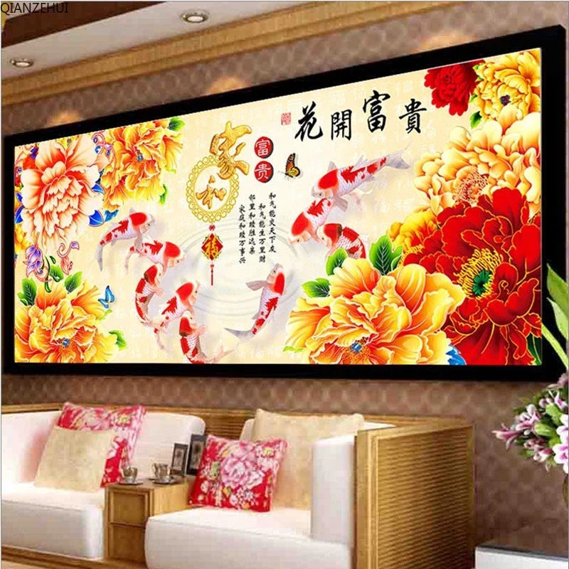 DIY full Diamond Embroidery,Round Diamond Magnolia Peacock Nine Fish Living room decoration rhinestone beads Diamond painting