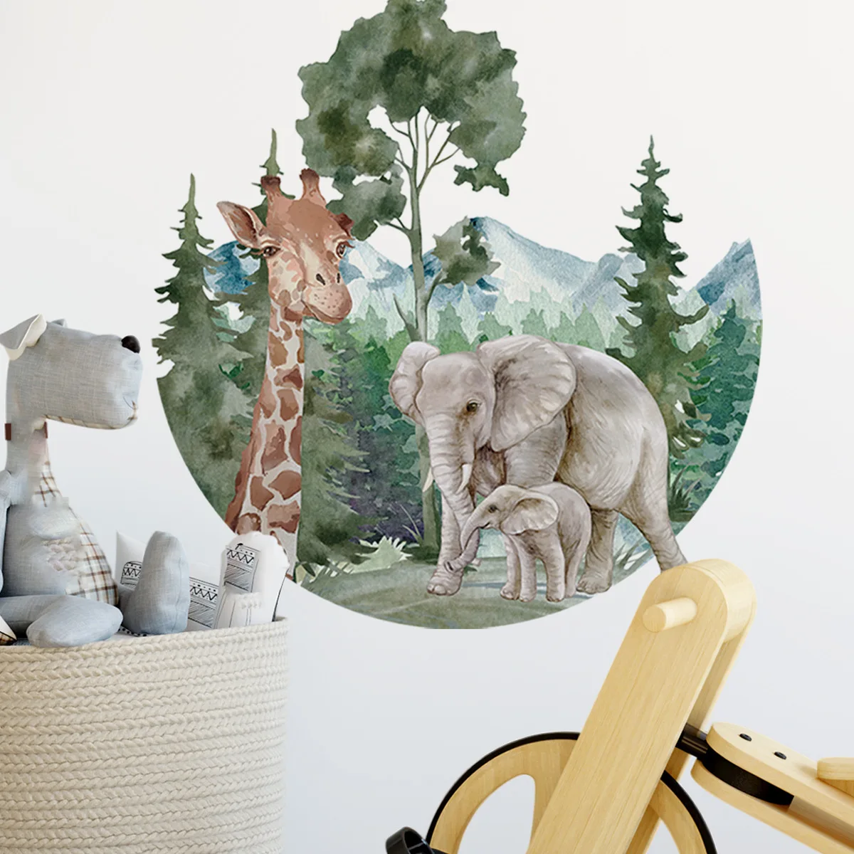 2pcs Elephant Giraffe Mountain Tree Wall Sticker Funny Animal Backwall Living Room Bedroom Study  Decorative Mural Wall Sticker