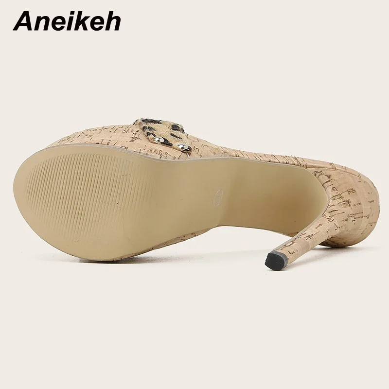 Aneikeh Sexy Leopard Platform Sandals High Heels 2024 Summer Slippers Mules Ladies Fashion Peep Toe Slip On Club Shoes Sliders