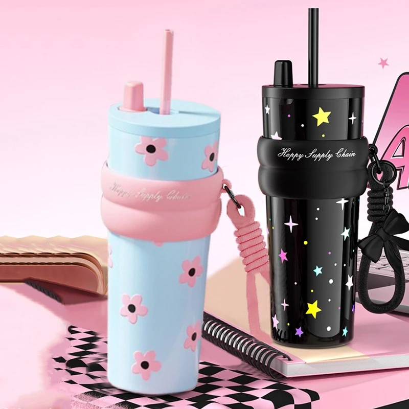 

710ML Stainless Steel Cup Star Flower Print With Lifting Rope Vacuum Cup Insulation Or Cooling Insulated Cup Car Cup