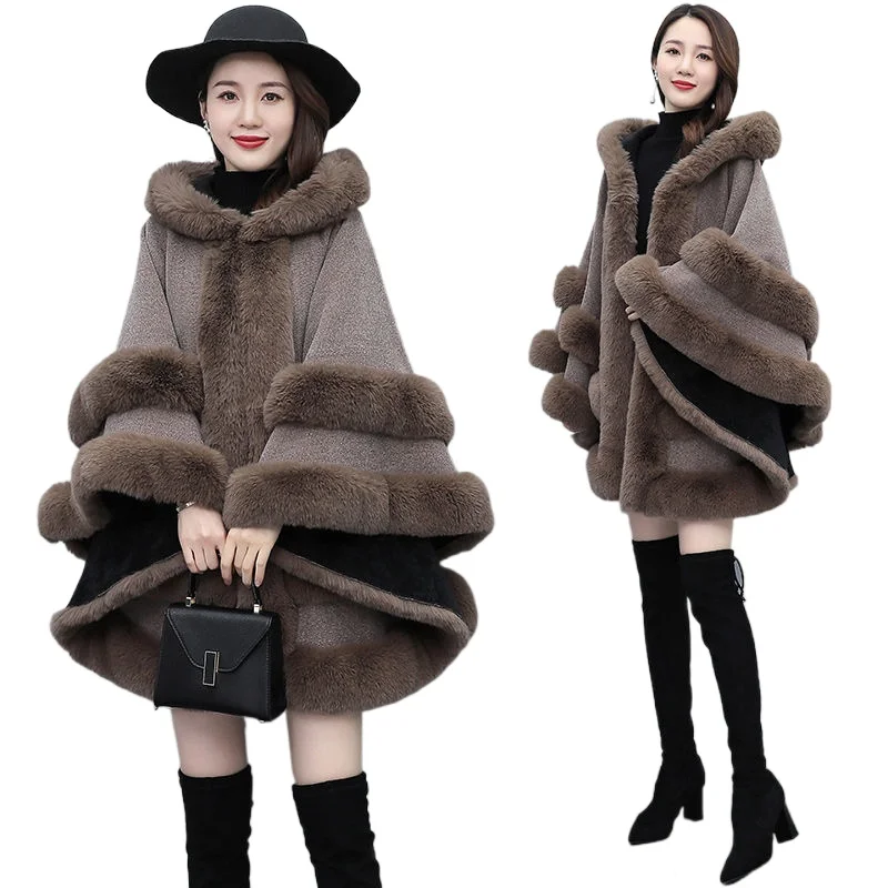 Fashion Faux Rex Rabbit Fur Capes Shawl Long Knit Poncho Coats Wraps  Pashmina Cloak Women Winter New Cape Mujer Casacos E559