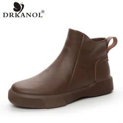 DRKANOL Real Cowhide Flat Ankle Boots For Women Round Toe Zipper Winter Plush Warm Snow Boots Ladies Casual Shoes Big Size 35-43