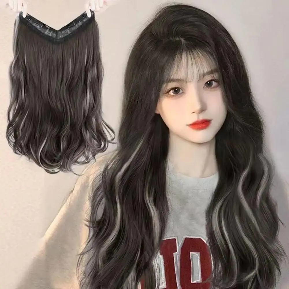 60cm One Piece Wig No Perm Fluffy V-Shaped Seamless Thicken Hairs Invisible Smooth Hair Extension Partial Dyeing Wig Ladies Use