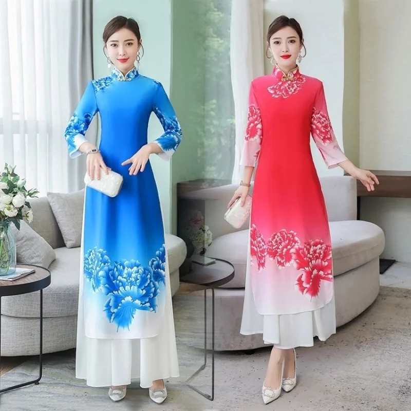 

Женское вечернее платье Aodai с коротким рукавом, винтажное платье Cheongsam с цветочной вышивкой, сценический костюм для шоу