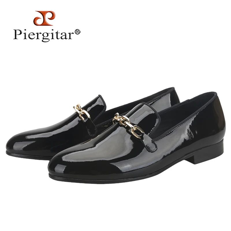 Piergitar Black Patent Leather Slip-On Loafers With Gold Metal Chain Buckles Handmade Men's Smoking Slippers Plus Size Flats