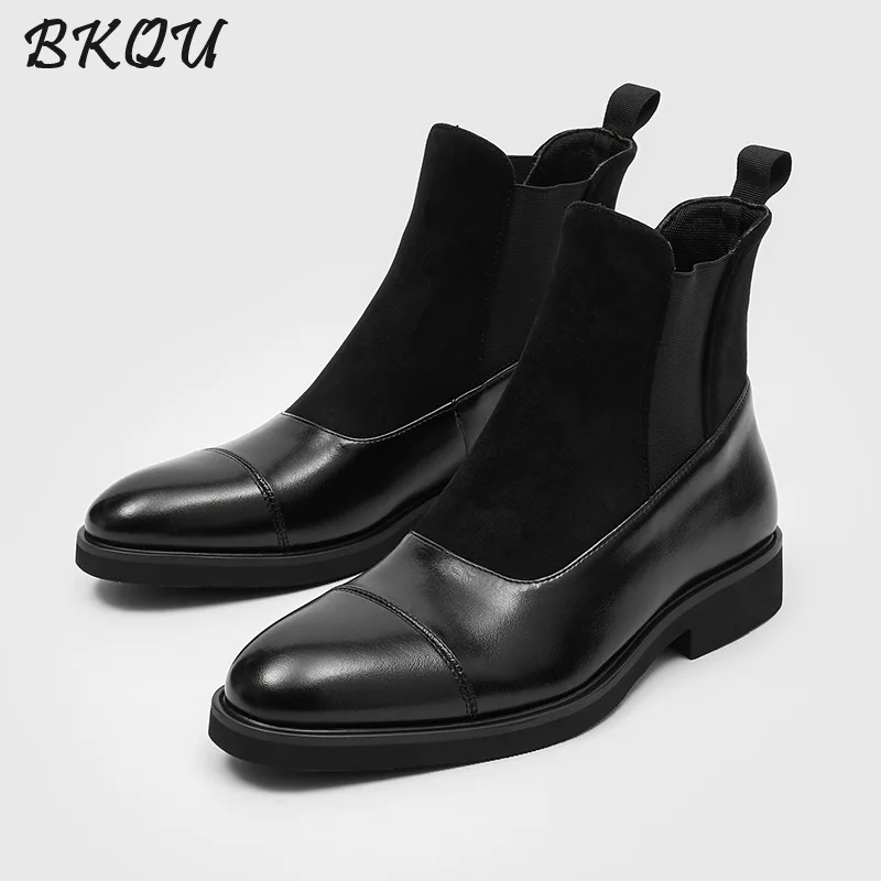 

BKQU English-style High-heel Men's Boots with Adjustable Fit 2026 Spring Trendy Style Pointed-toe Chelsea Boots with Sewn-on