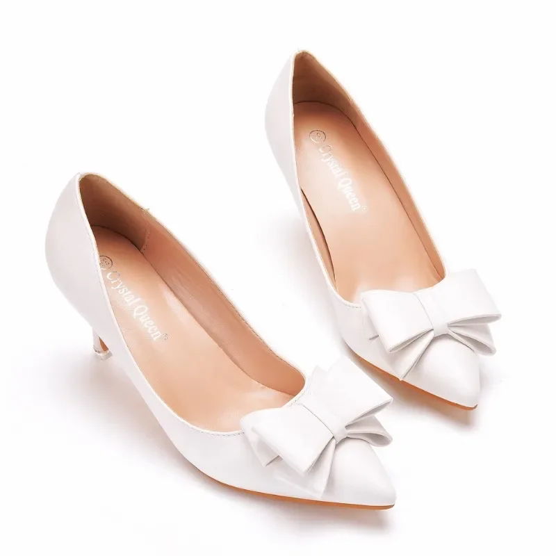 Women Pumps Party Prom Pointed Toe Butterfly knot Slip-On PU 7CM Thin Heels Office Work Office Lady Fashion Women Shoes white