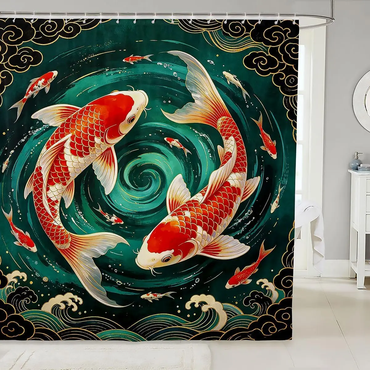 Vivid Koi Fish Shower Curtain Japanese Pond Water Flow Chinese Art Aesthetic Bathroom Decor Waterproof Curtain
