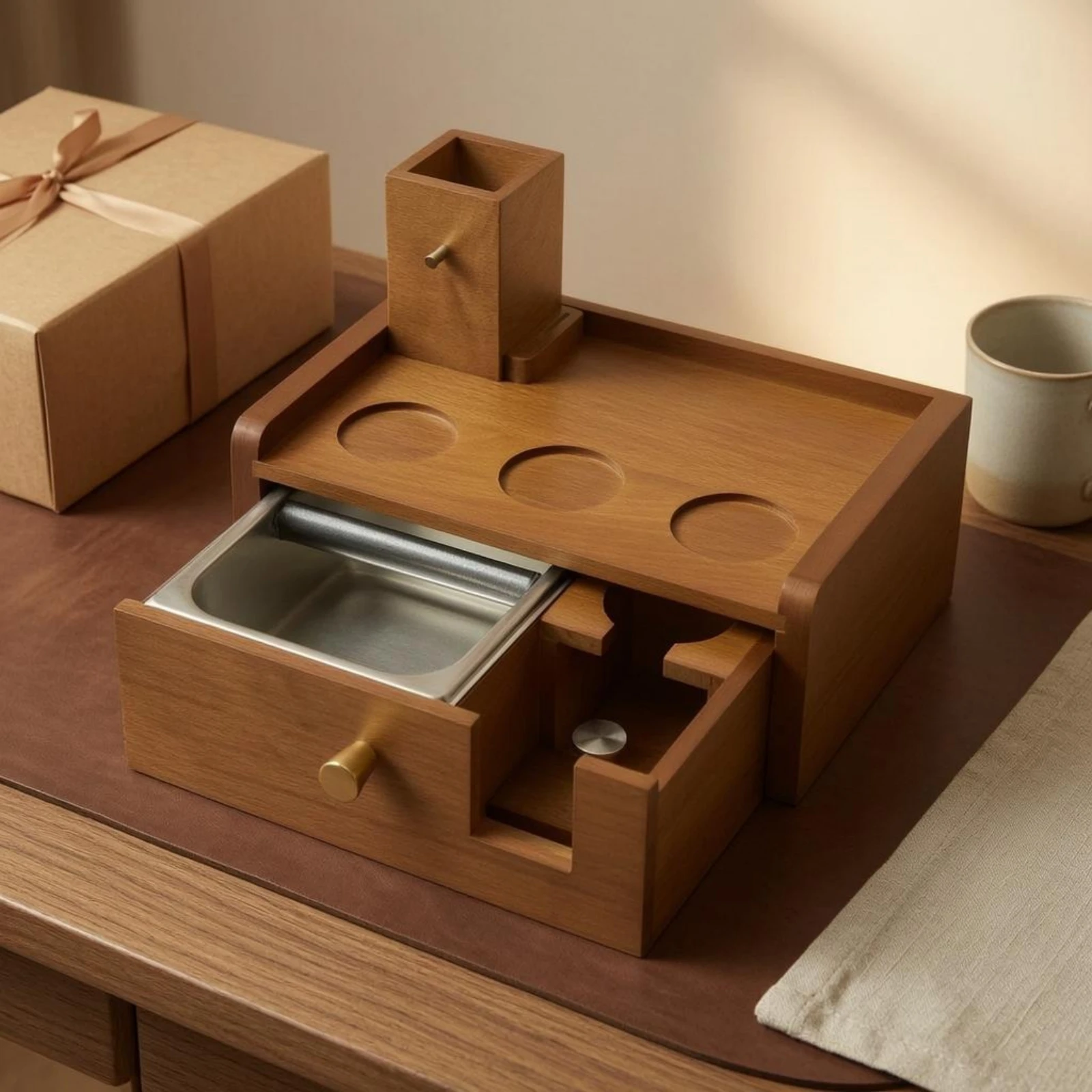 Coffee Workstation Side Compartment Wooden Coffee Station Knock Box Station Metal Fittings Espresso Tool Organizer