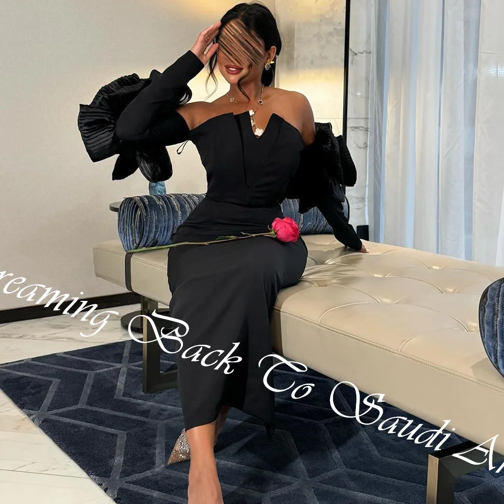 Customized High Quality Ruched Girdling Strapless Ankle Length Back Slit Straight Evening Dress Jersey Long Sleeves Vestido De F