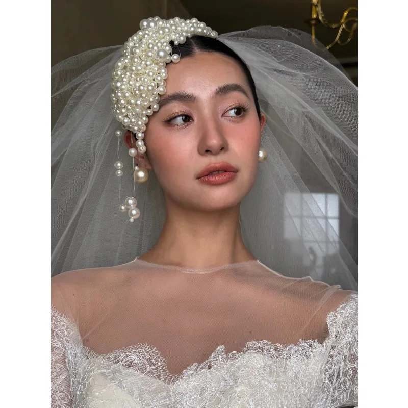 New custom bridal main wedding dress headgear Mori retro pearl fringed headgear photo props atmospheric