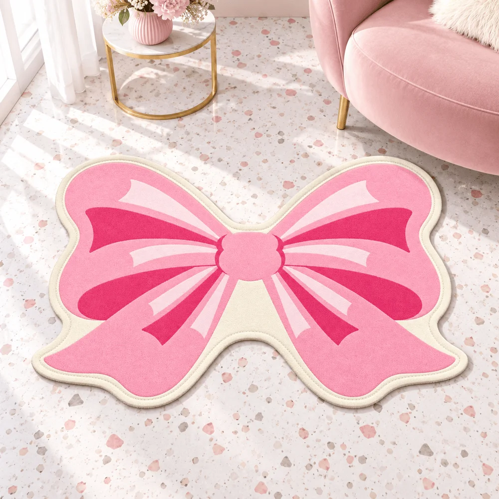 Pink Bow Shaped Area Rug Soft Flannel Non Slip Floor Mat For Girls Bedroom Nursery Dressing Room Living Room Home Decor Gift