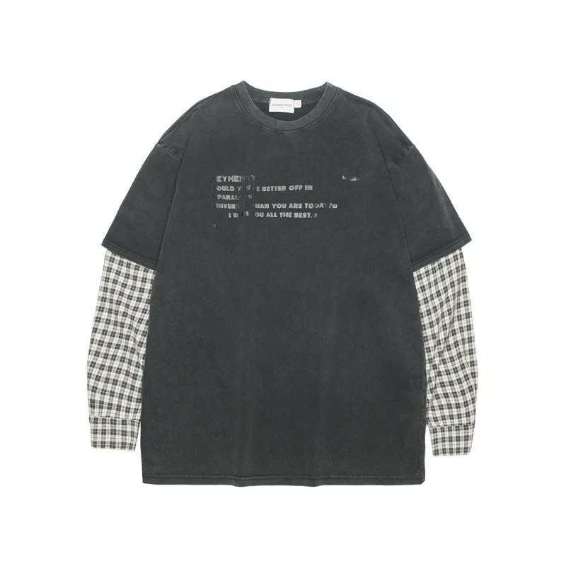 الملابس النسائية بلايز خمر المرأة وهمية قطعتين الرجعية رسالة مطبوعة بأكمام طويلة زوجين تي شيرت مع بلايز الألوان المتناقضة