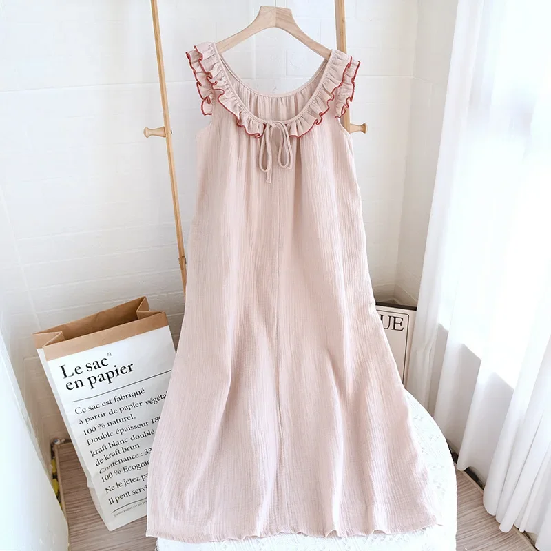 Summer New Solid Color Cotton Ruffle Edge Sleeveless Camisole Women's Nightgown Double-layer Gauze Long Nightdress Home Wear
