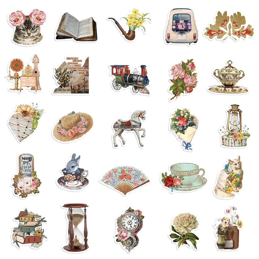 

10/30/50pcs Cartoon Retro Objects Stickers Creative Aesthetic Art Graffiti Sticker DIY Notebook Guitar Phone PVC Decals Packing