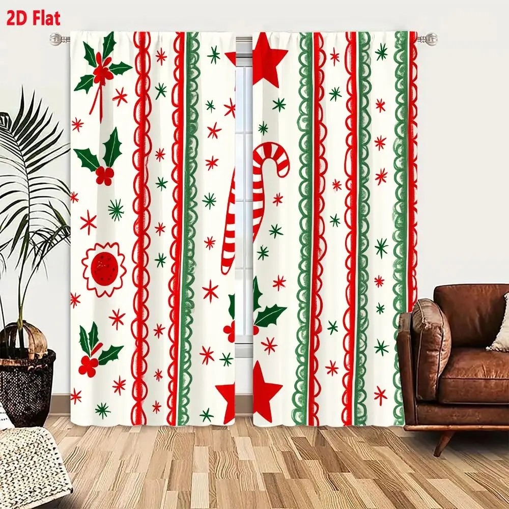 2Pcs Curtains Add 2D Flat Christmas Pattern With Red Green Stripes Candy Canes Holly And Baubles On Cream Background Window Drap