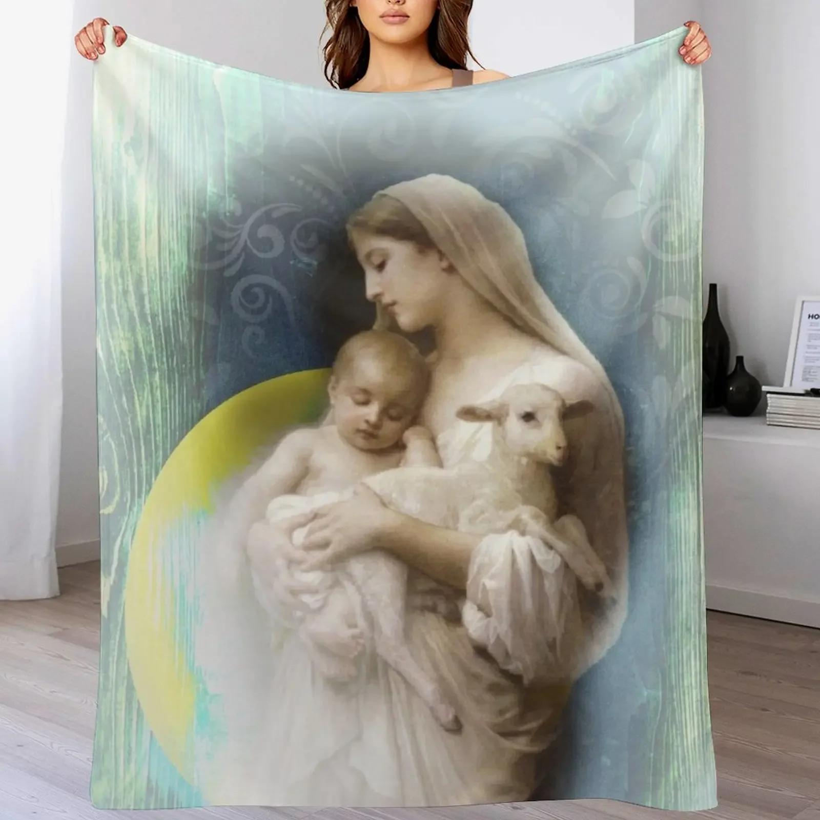 Mother with Baby and Lamb Jesus Virgin Mary Christian woman retrowave synth green yellow 80s pastel floral backgro Throw Blanket