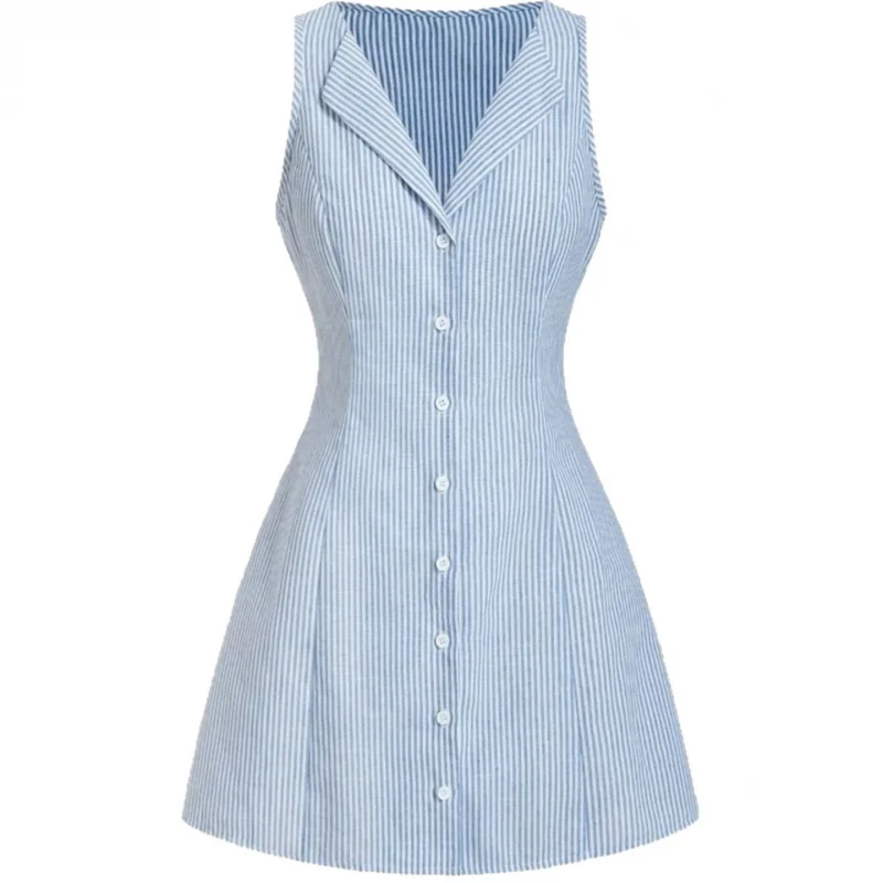 Mulheres verão novo elegante comute sem mangas vestido listrado emagrecimento lapela pescoço estilo europeu e americano mini vestido para mulher
