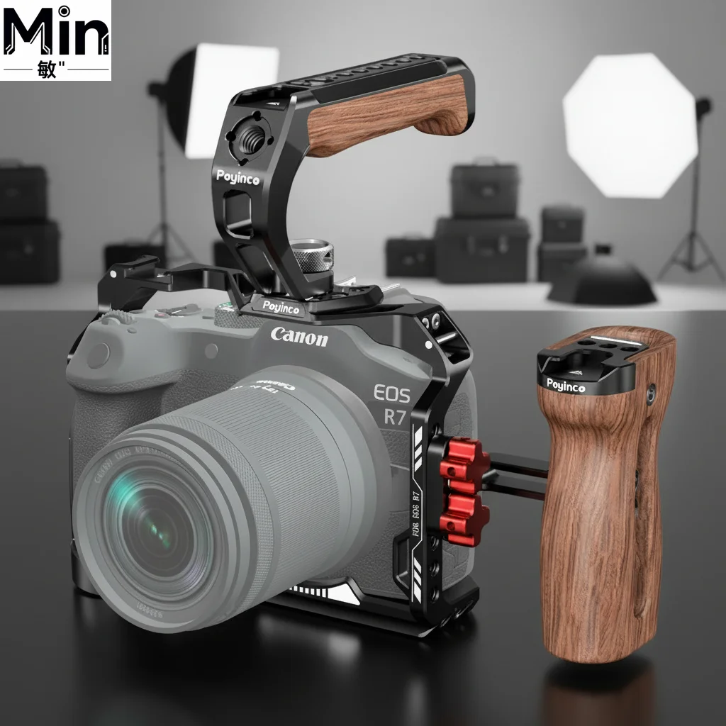Poyinco Scratch Resistant Aluminum Alloy Cage Kit For Canon EOS R7 With Top Side Handle Cold Shoe Mount
