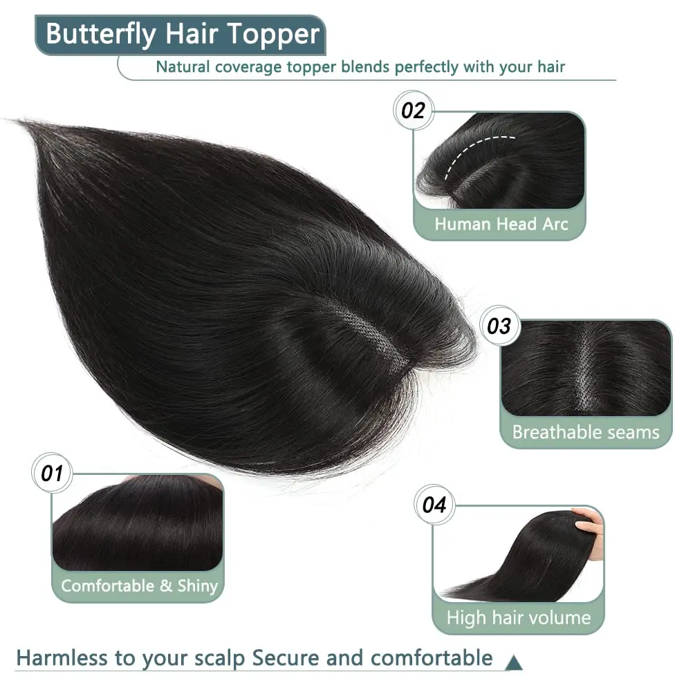 Alimice Hair Toppers for Women Real Human Hair Natural Black Silk Base Middle Part Clip in Hair Pieces for Thin Hair Daily Use