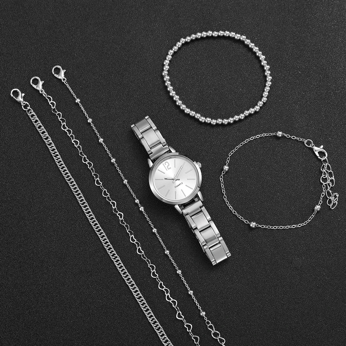 6PCS/Set Women Watches Bracelets Set Fashion Silver Stainless Steel Band Analog Quartz Watch