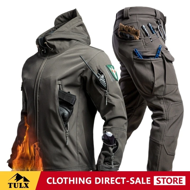 American Functional Winter Outdoor Tactical Assault Fishing Loose Camouflage Suit Set Men Windproof Waterproof Jacket Fleece