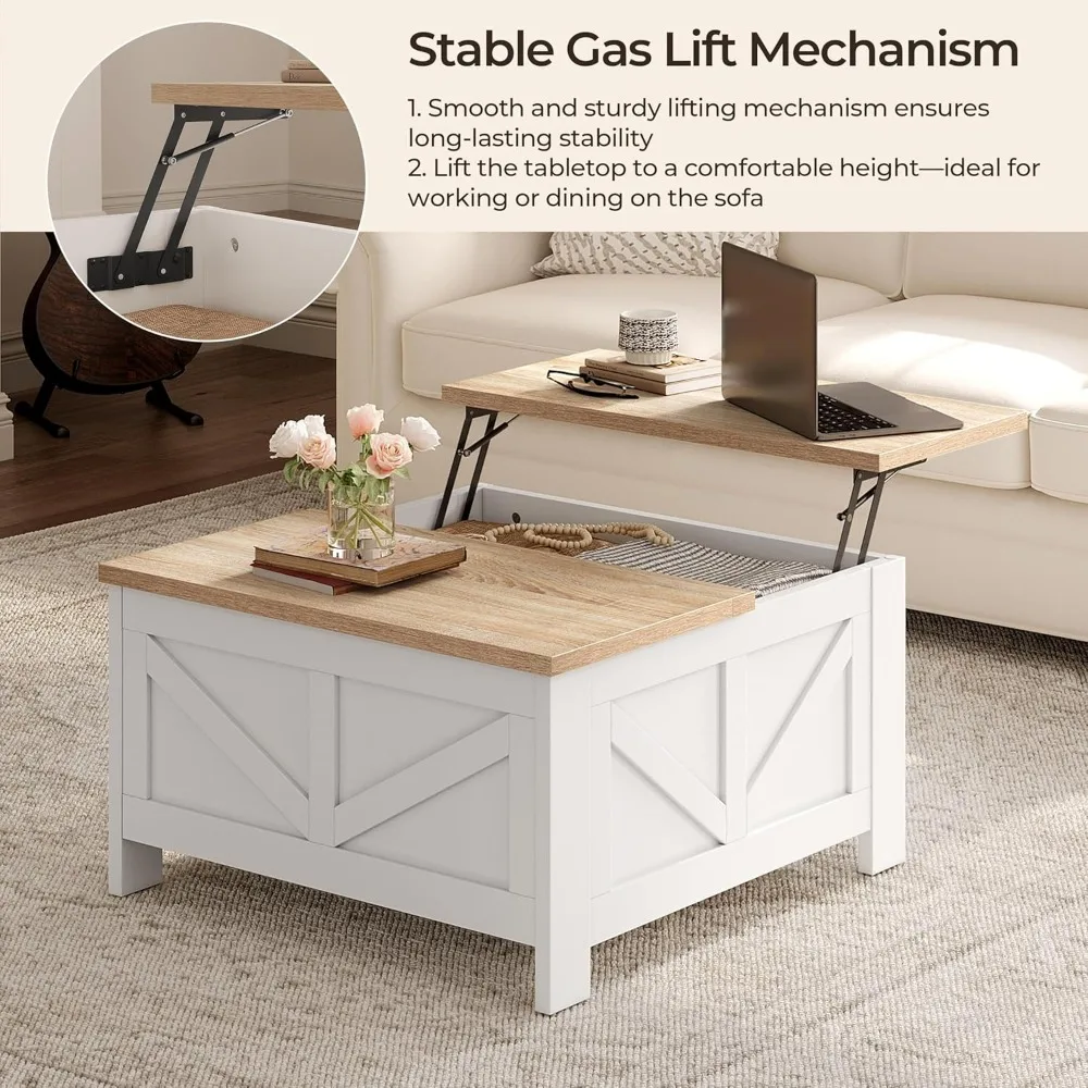 Yaheetech Farmhouse-Style Lift Top Coffee Table with Storage, Square Design for Living Room, 31.5 Inches Large Center Table