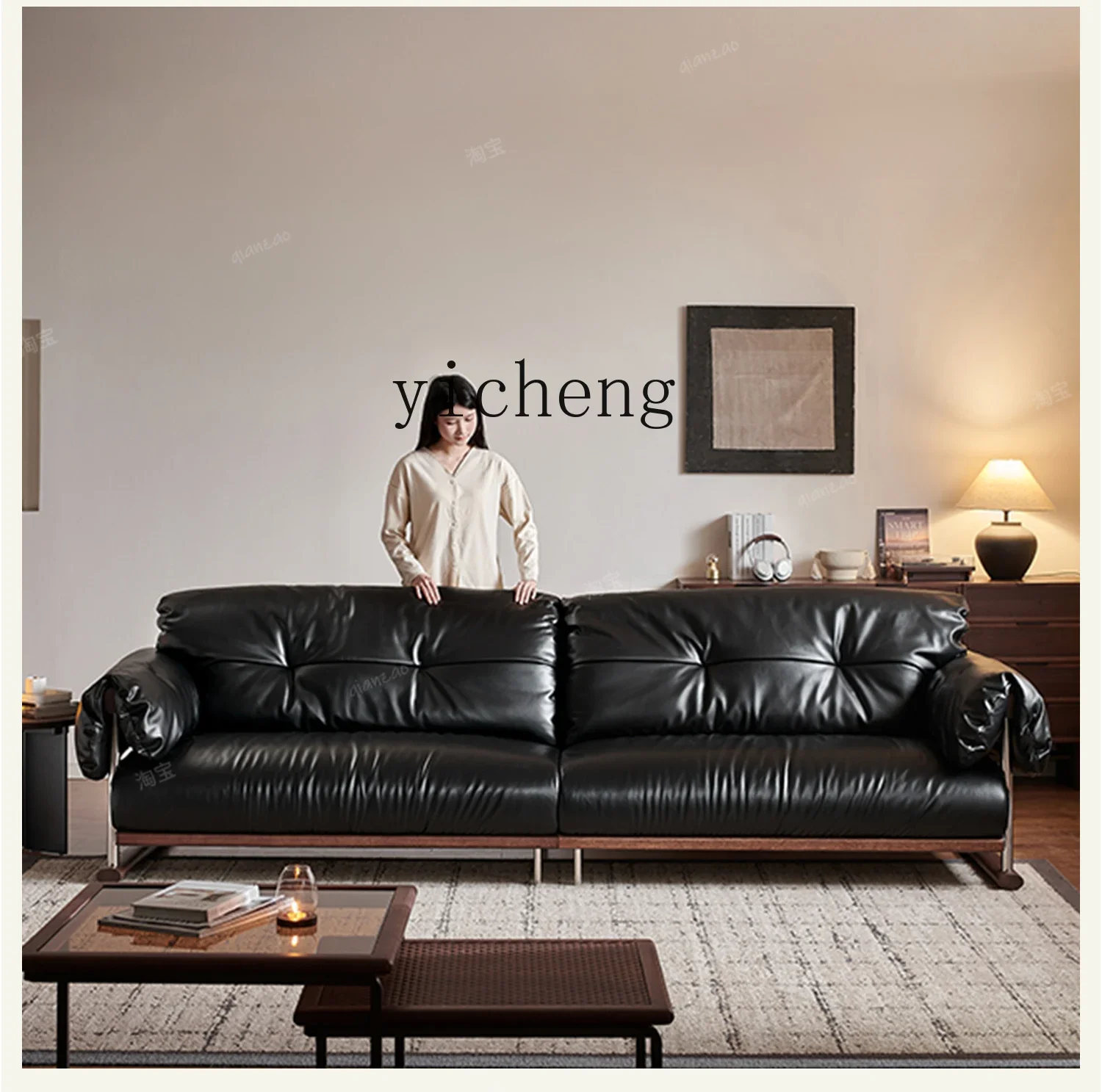 L31 Furniture Black Walnut Solid Wood Sofa Top Layer Cowhide Living Room Home