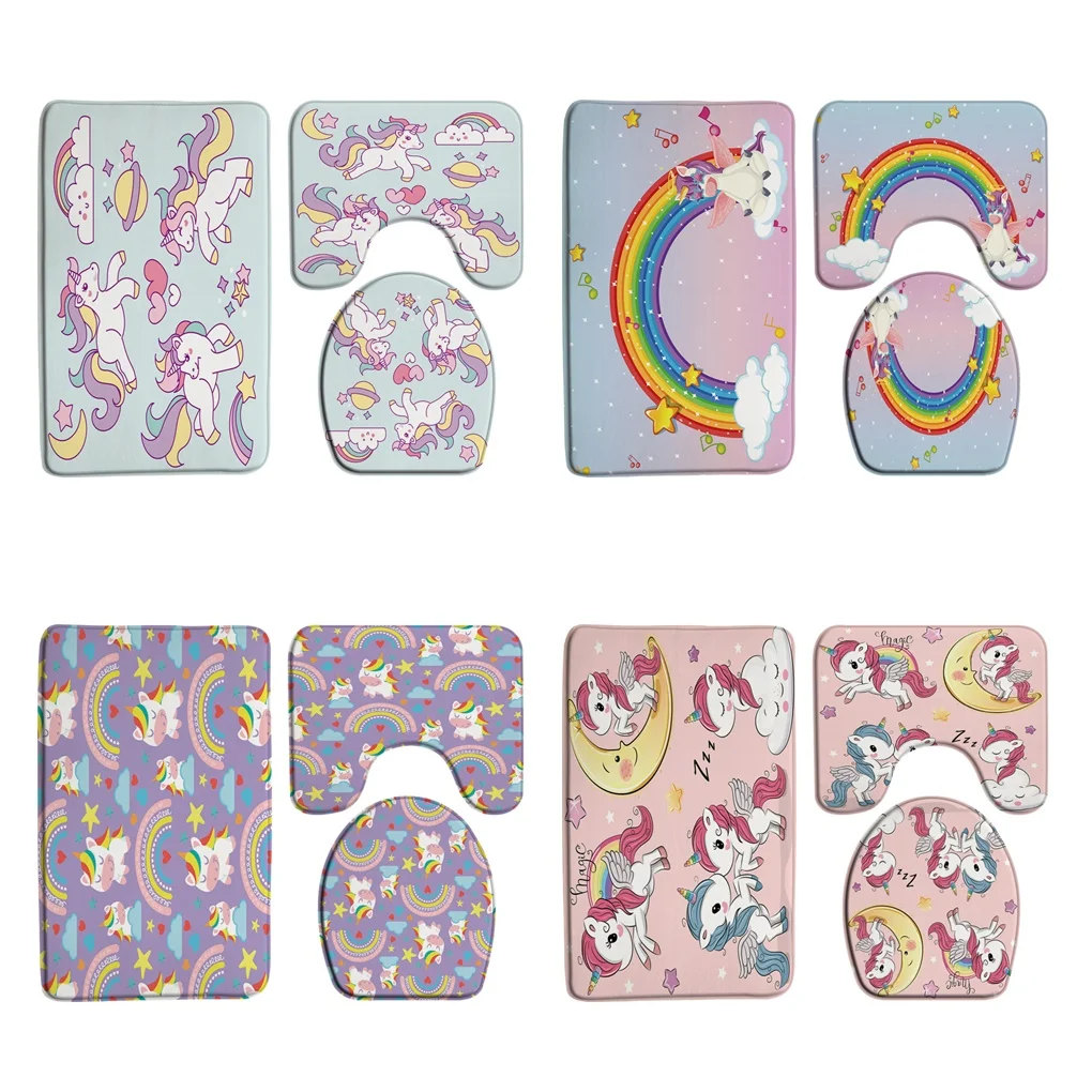 Unicorns Rainbow Cute Cloud Bath Mat Set Abstract Colorful Animal Kid Girl Bathroom Doormat Non Slip Carpet Rug Toilet Lid Cover