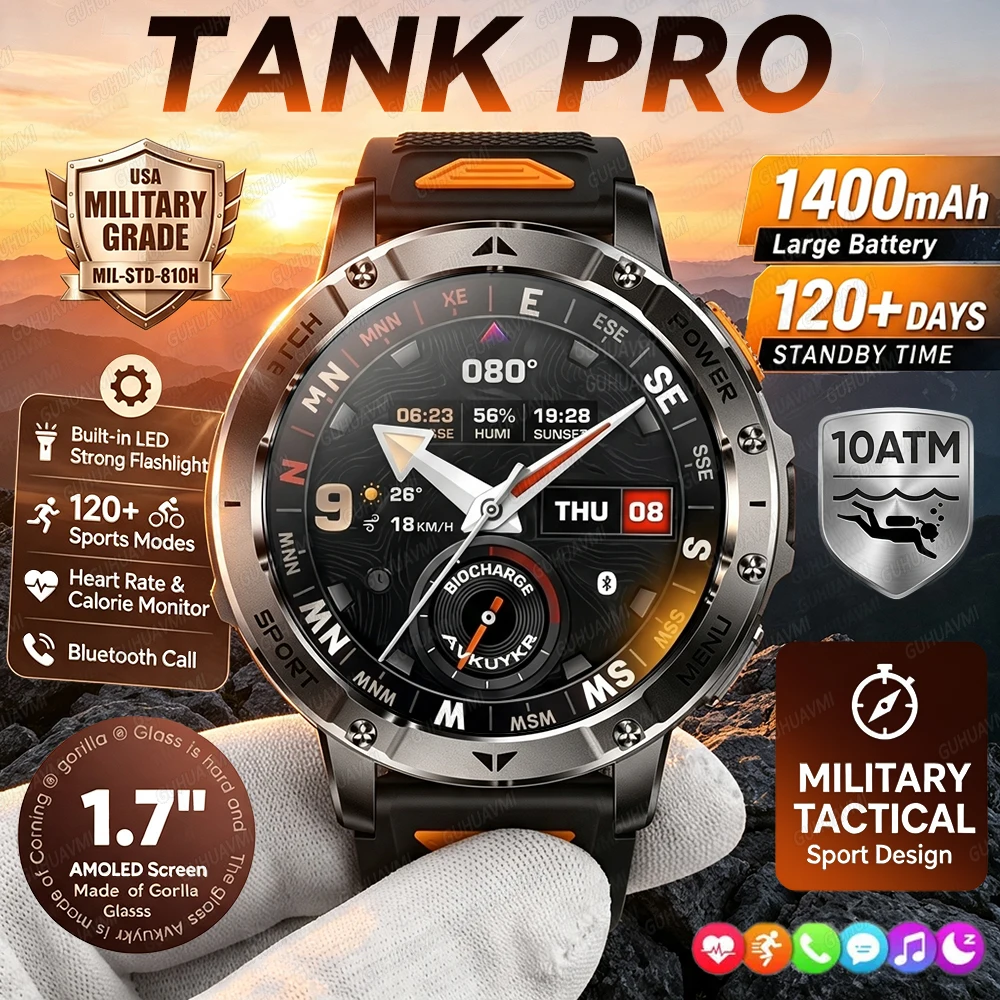 2026New TANK PRO Outdoor Smart Watch 1400mAh Battery 10ATM Waterproof Watch Heart Rate Flashlight BT Call Fitness Tracker Watchs