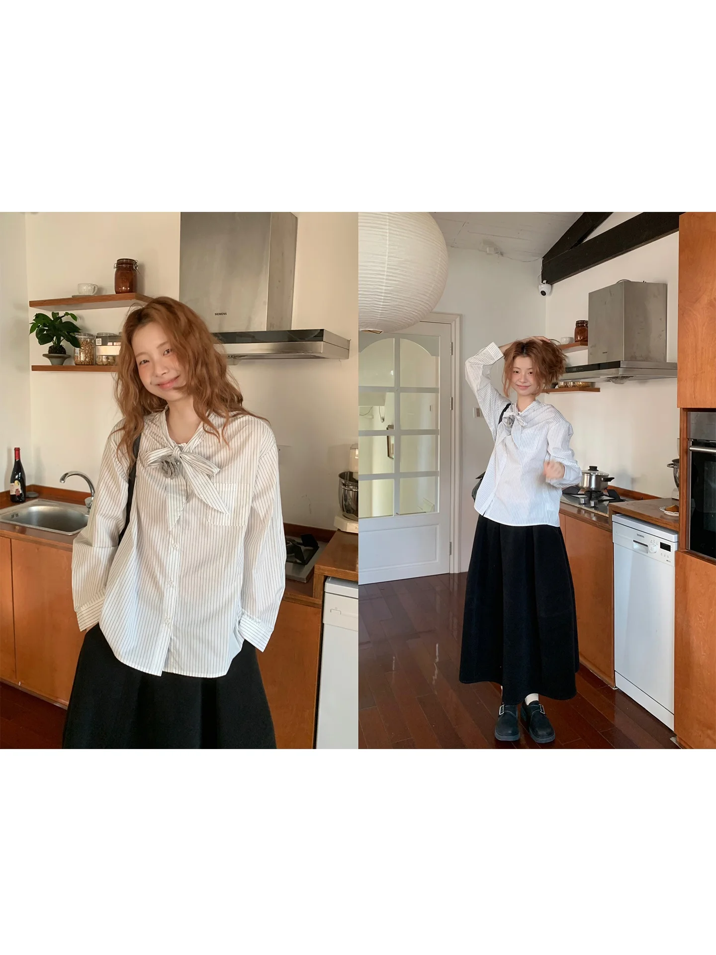 

Artistic Vintage Diamond Pure Cotton Striped irt with Bowtie Inner irt Casual Loose Fit Long Sve Women's Top
