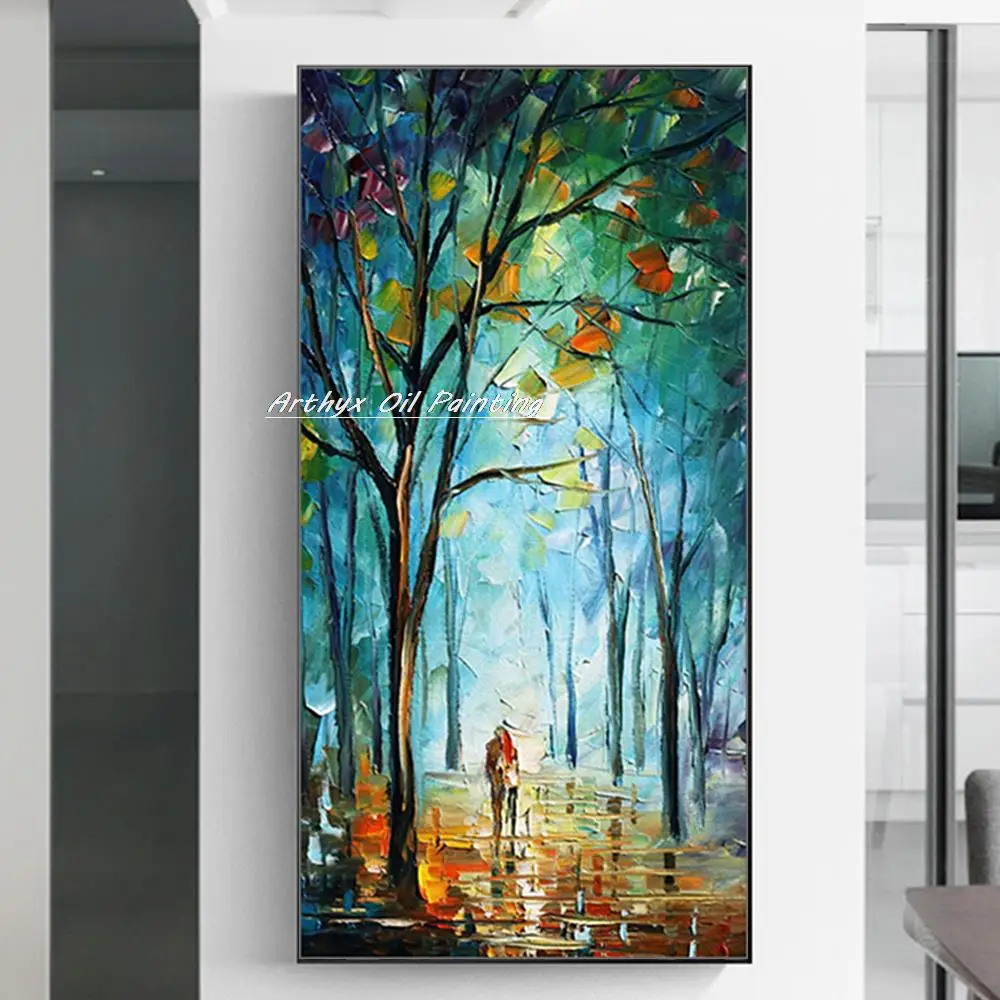 Arthyx Handmade Modern Abstract Palette Knife Blue Tree Oil Paintings On Canvas Wall Art Picture For Living Room Home Decoration