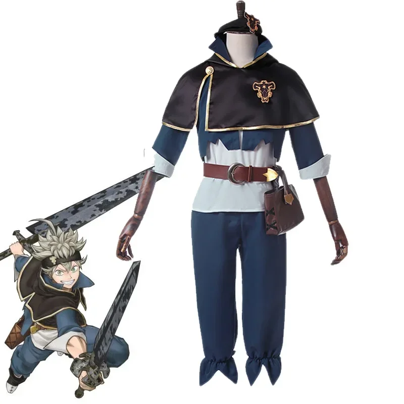 

Anime Black Clover Asta Cosplay Costume Wig Five Leaf Clover Black Bull Cape Cloak White Top Blue Pants Noelle Finral Men Party