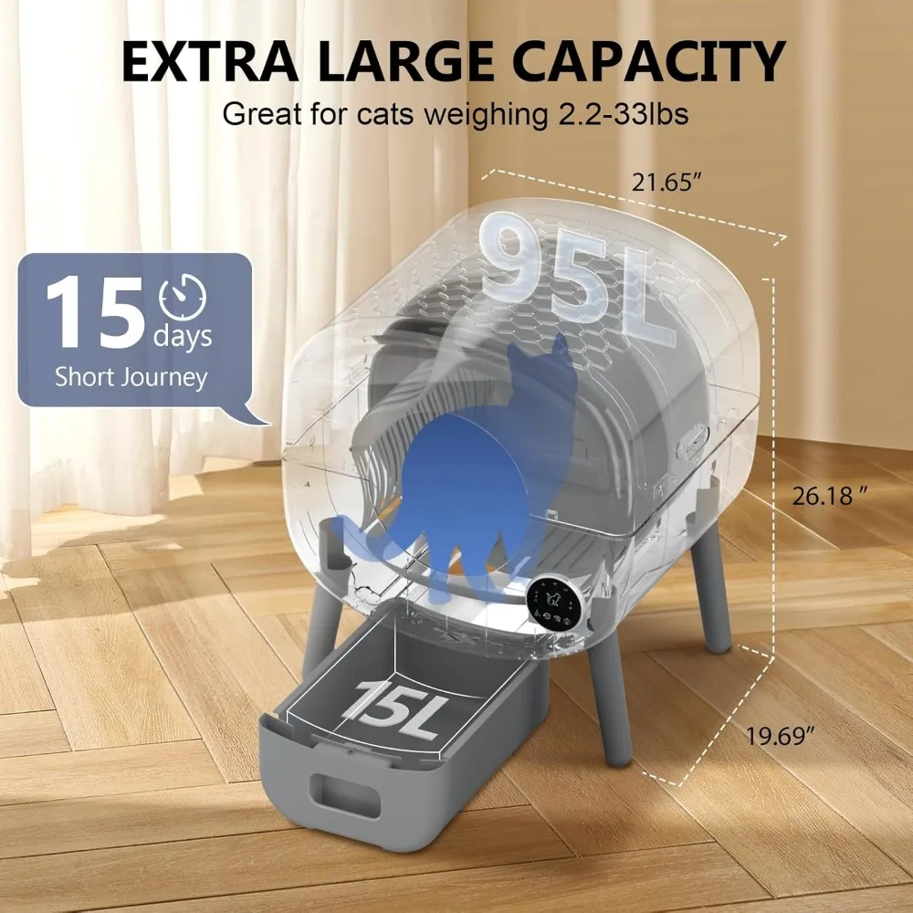 Self Cleaning Litter Box, 95 L Automatic Cat Litter Box Self Cleaning, App Control,2 Roll Garbage Bags, Cat Bedpans