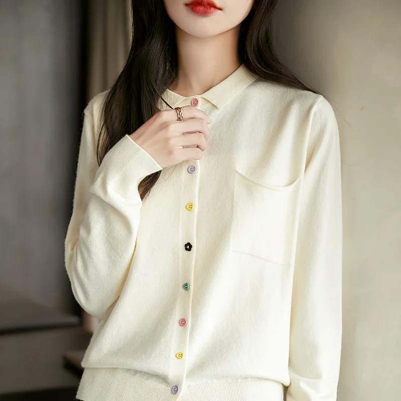 

Китайский продукт, цветная пряжка, вязаный свитер с длинными рукавами, кардиган с воротником-поло, модная свободная куртка, шерстяной топ для женщин