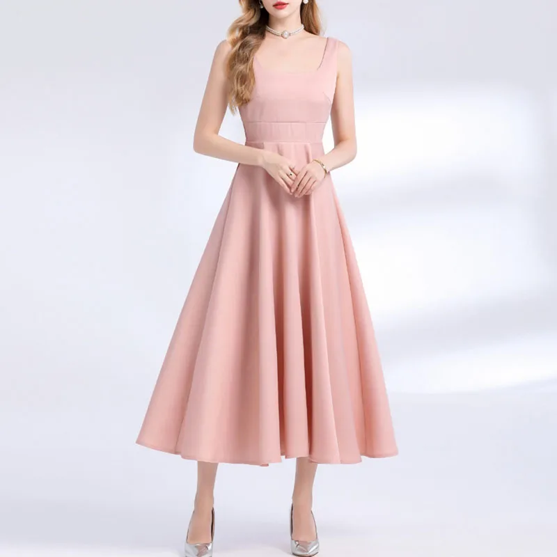 여성용 드레스 새로운 우아한 민소매 스퀘어 칼라 여성 드레스 슬림 보우 A-LINE 드레스 여성 Vestidos De Verano Mujer Q1958