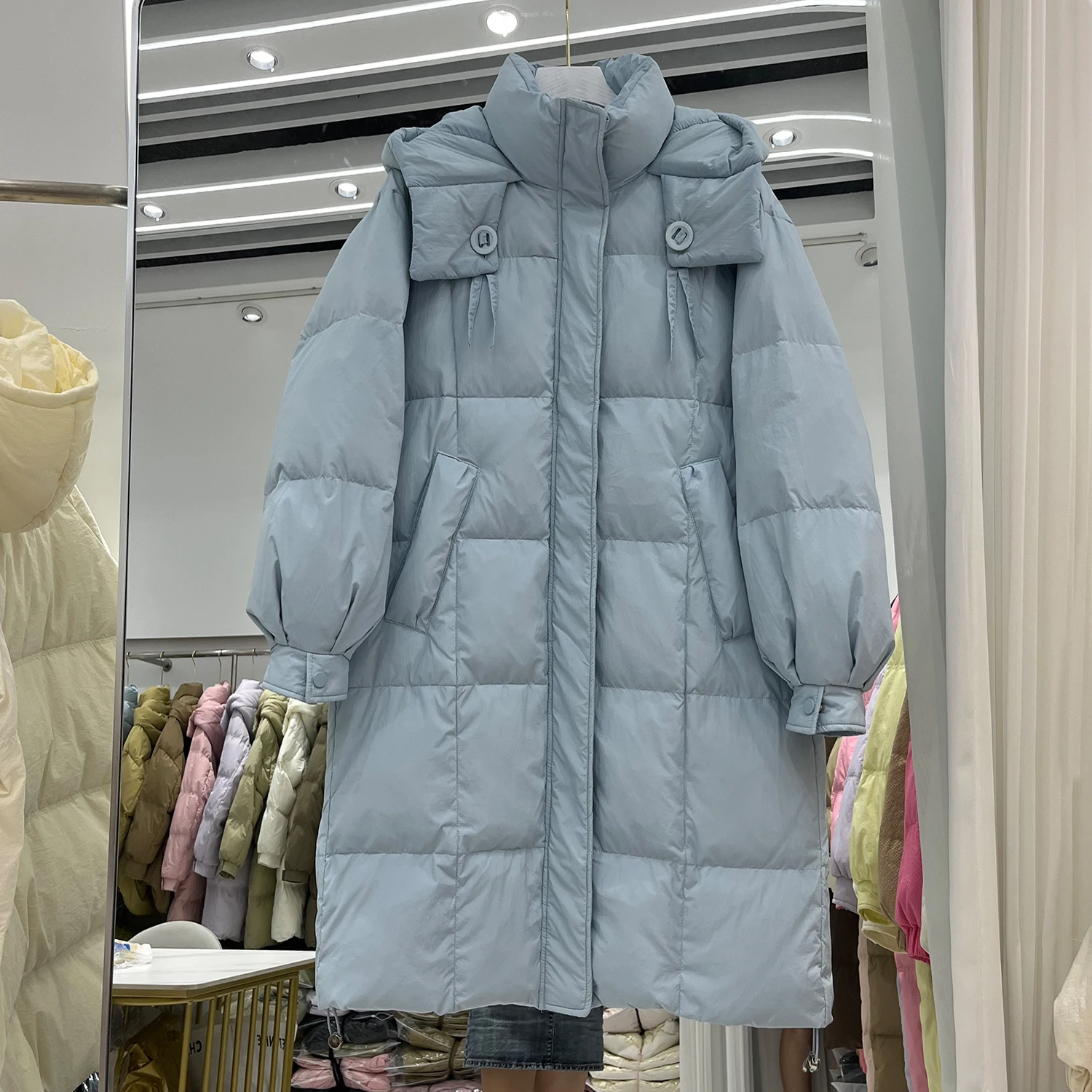 Winter Long Solid Puff Hooded Down Jacket Women White Duck Down Thick Down Jackets Female Warm Loose Parker Knee Length Outwears