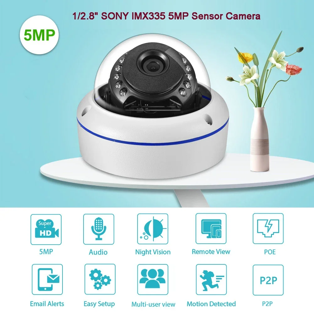 Telecamera IP esterna antivandalismo 1/2.8 "SONY IMX335 XMEye 5MP POE Telecamera IP 2592*1944 Face Detect Dome CCTV Telecamera di sorveglianza di sicurezza