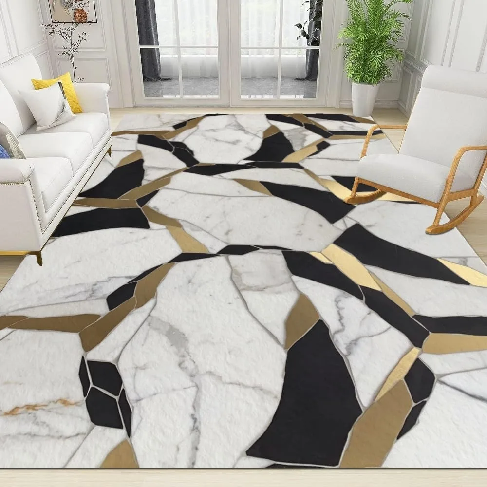 

White Black Gold Pattern Area Rugs, Marble Luxury Fashion Floor Carpet for Bedroom, Non Slip Washable Office Rug for Living Room